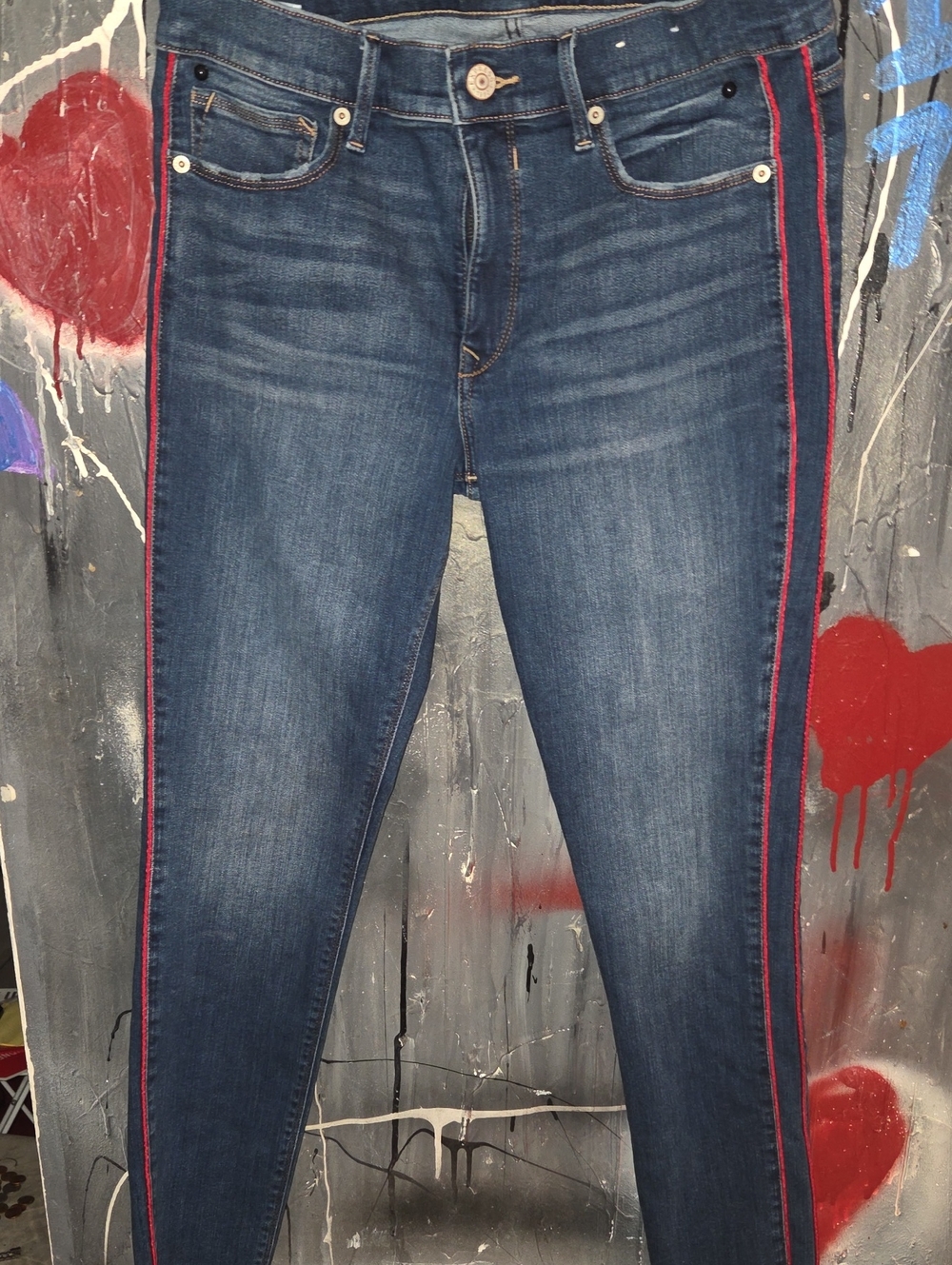 Express Dark Blue Skinny Jeans with Red Side Stripe